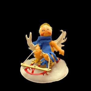 Vintage Annalee Angel on Sled Felt Figure Blue Scarf Made in USA Christmas Decor